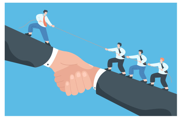 一组员工一起在蓝色背景上用大手攀爬图片下载