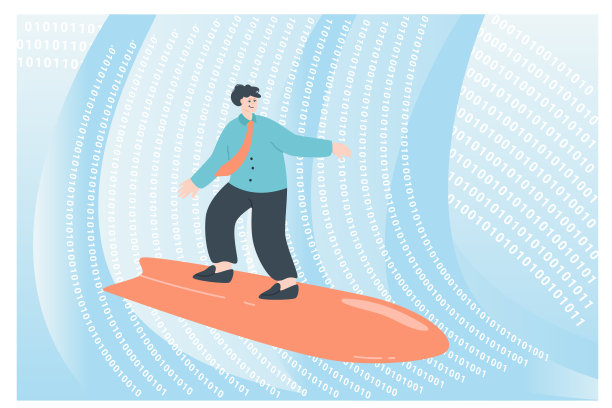 商业人士在二进制码的波浪上冲浪图片下载
