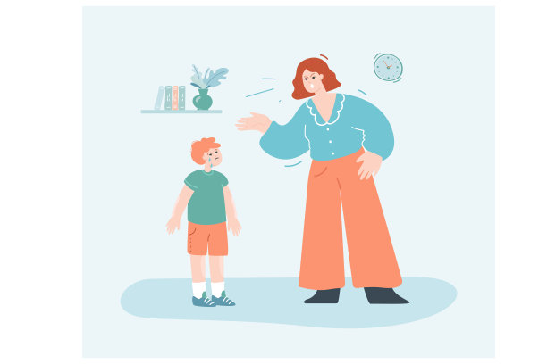愤怒的卡通妈妈责备心烦意乱的儿子淘气图片下载