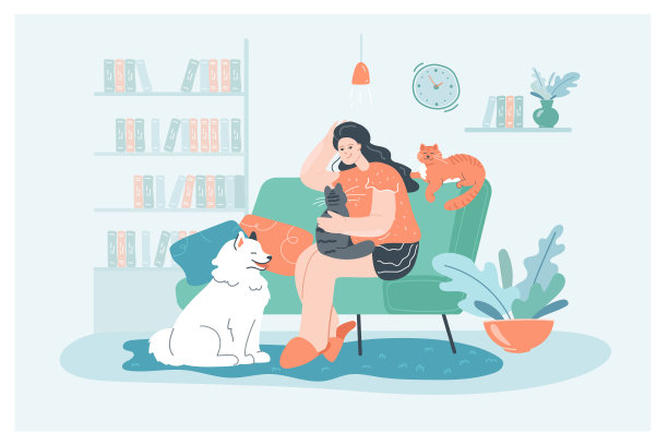 卡通女主人坐在沙发上，家里有猫和狗图片下载