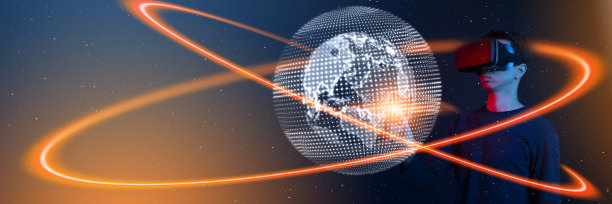 元宇宙虚拟现实，增强现实技术连接世界。男子使用VR眼镜触摸数字地球。图片下载