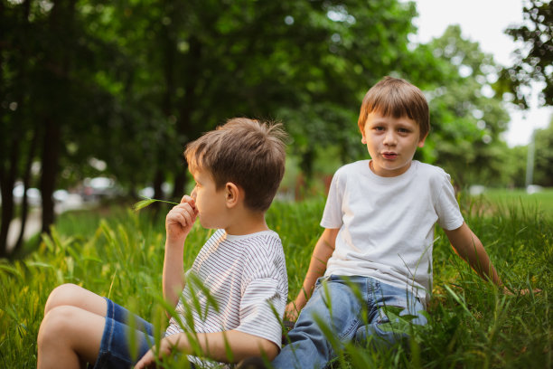 男孩们坐在草地上图片下载