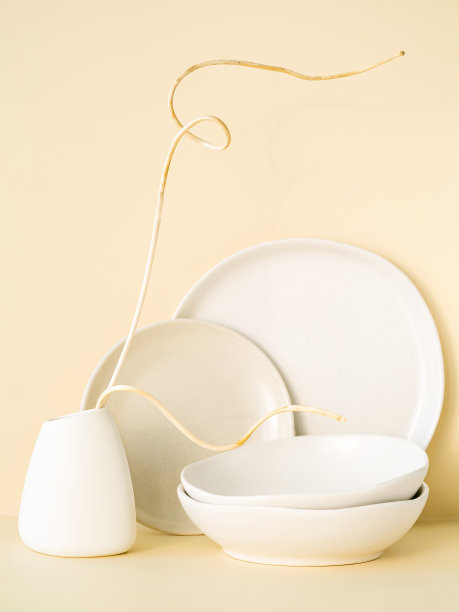 极简的一套空陶器在自然日光下与干燥的植物装饰。米色和泥土色。手工陶瓷，陶艺，餐厅或餐饮概念。副本的空间。图片下载