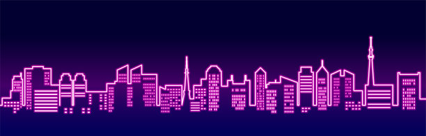霓虹色的城市景观插画图片下载