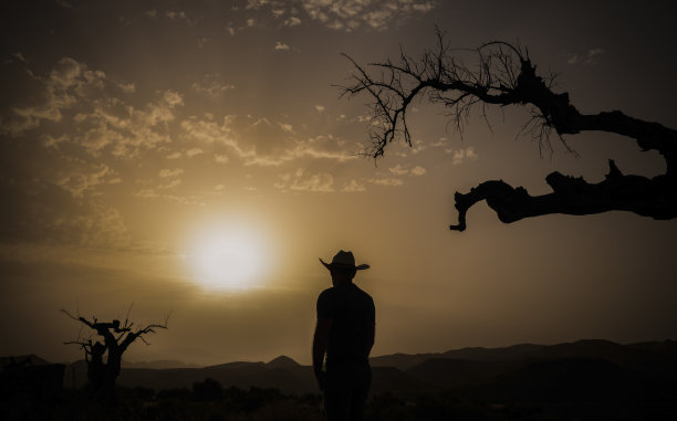 成年男子的剪影站在沙漠在日落。西班牙阿尔梅里亚图片下载