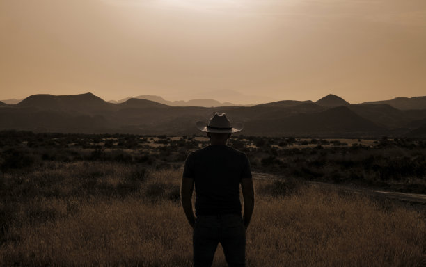 成年男子的剪影站在沙漠在日落。西班牙阿尔梅里亚图片下载