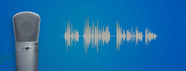 声乐麦克风与音频波形蓝色背景音乐生产，现场，采访，广播电台或播客横幅图片下载