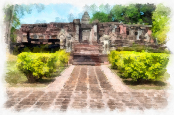 古石堡和古图案艺术在泰国水彩风格插图印象派绘画。图片下载