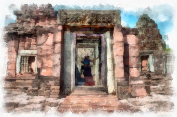 古石堡和古图案艺术在泰国水彩风格插图印象派绘画。图片下载