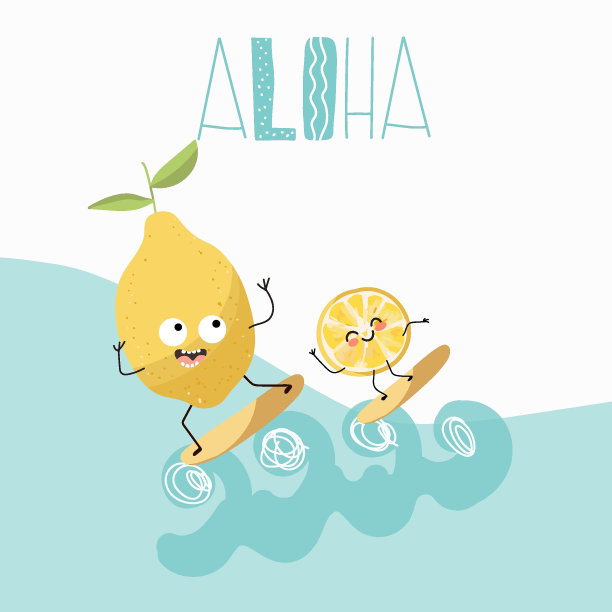 矢量插图的有趣的人物，卡通，柠檬骑冲浪板，有趣，有趣的水果，夏天的氛围，在海滩派对，夏季销售，阿罗哈。图片下载