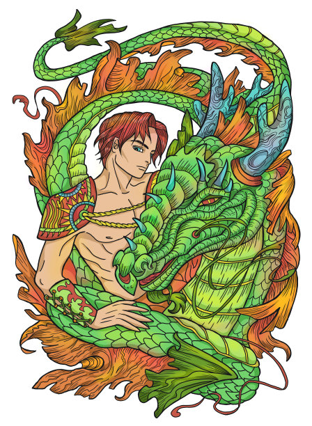 彩色插画与幻想龙和英俊的战士性格男孩图片下载
