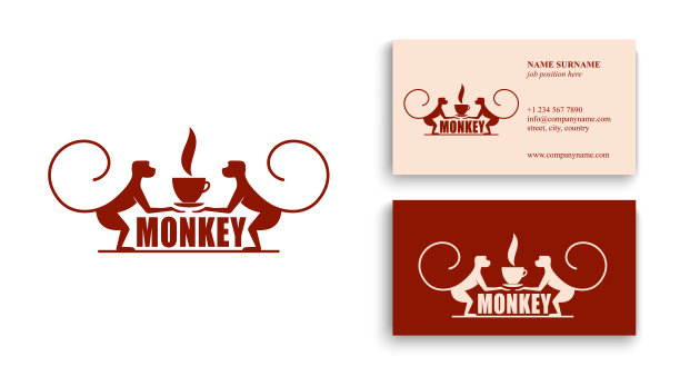 猴子用一杯咖啡或茶。咖啡店的标志或徽章。矢量插图。特殊的标志图片下载