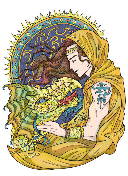 彩色插画与幻想龙和英俊的战士性格男孩图片下载