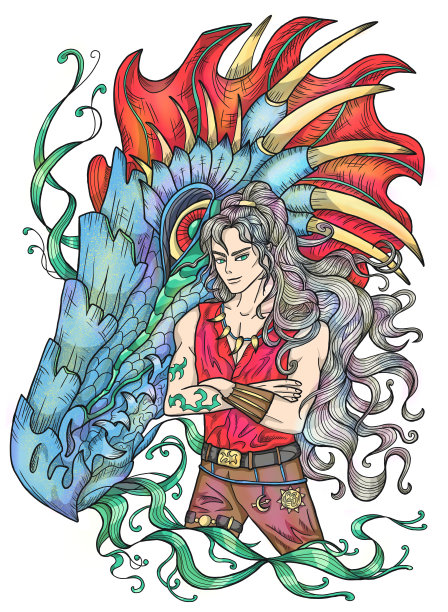 彩色插画与幻想龙和英俊的战士性格男孩图片下载