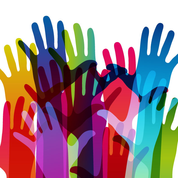 手放在浅色的背景上。彩色剪影武器。矢量团队，帮助，友谊符号插图。图片下载