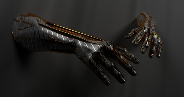 美丽的运动员，健美运动员的手由未来的材料制成，金属，液体，黄金。幻想。3d渲染图片下载