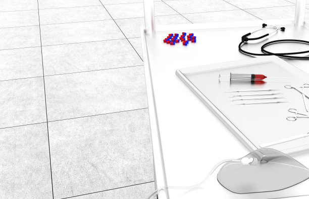 手推车，医疗器械，注射器，药片，氧气，手术刀和听诊器与复制空间。医疗器械、保健和医药。三维演示图片下载