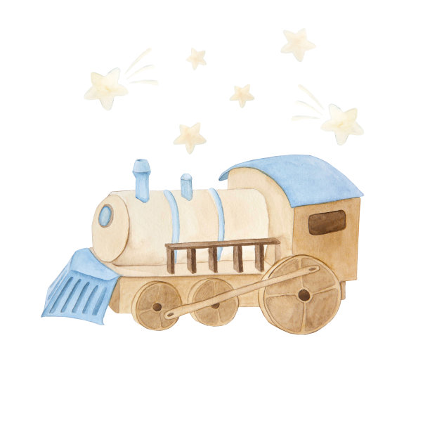 水彩插画的复古可爱童话儿童玩具木火车，星星，云朵，孤立图片下载