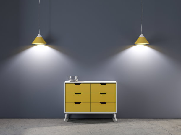 现代的黄色6个抽屉柜样板站在房间与灯图片下载