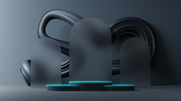 较暗的几何背景与深蓝色底座或讲台模型显示，空平台的产品展示，3D渲染图片下载