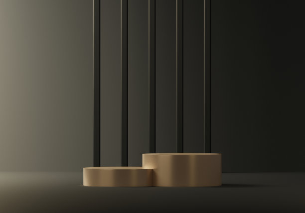 奢华的暗金色背景与金色底座或讲台模型展示，产品展示和演示的空平台，干净的舞台，3d渲染图片下载