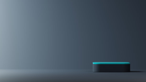 较暗的几何背景与深蓝色底座或讲台模型显示，空平台的产品展示，3D渲染图片下载