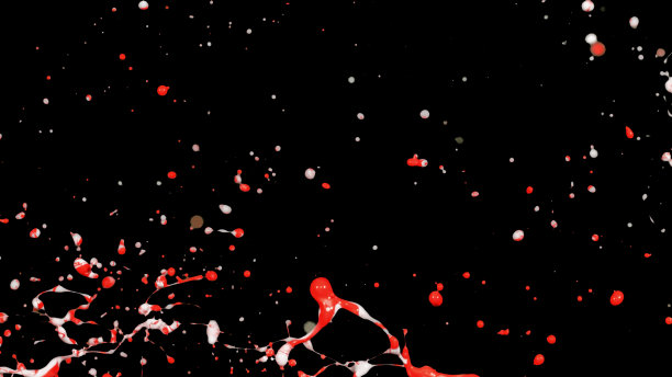 混合红白液体飞溅，漩涡和波浪与分散的水滴图片下载