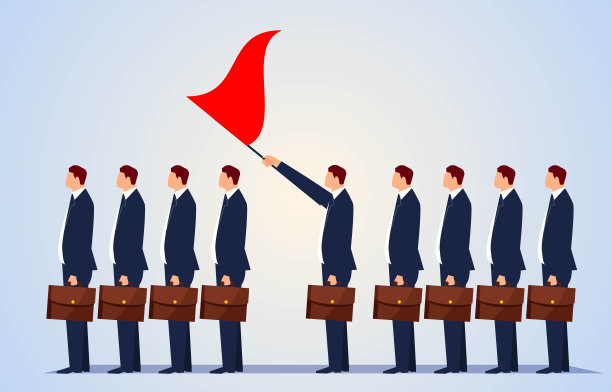 领导者举着旗帜站在团队中间，挥舞着旗帜，煽动或激励员工提升自己的气质和企业文化图片下载