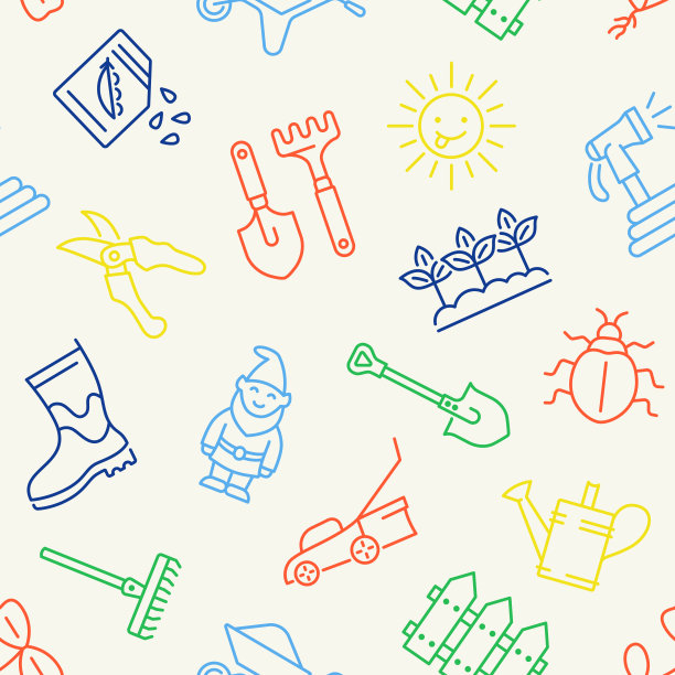 园林色彩无缝图案。矢量背景与幼苗，花园侏儒，种子，虫子，花园软管，太阳，栅栏，芽。图片下载