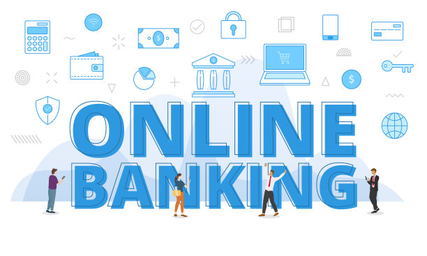 网上银行概念与大字和人周围的相关图标传播与现代蓝色风格图片下载
