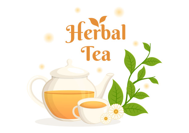 花草茶与甘菊叶的健康饮料绿色增加耐力的模板手绘卡通平面背景插图图片下载