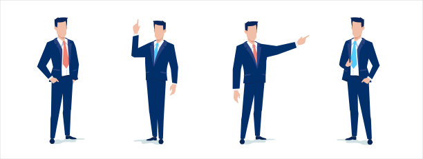 矢量集的商业插图站在领带在不同的姿势在白色的背景。男士经理的扁平风格设计图片下载