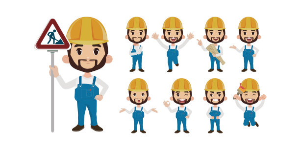 不同姿势的修理工。向量图片下载