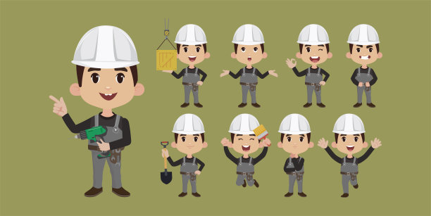 不同姿势的修理工。向量图片下载
