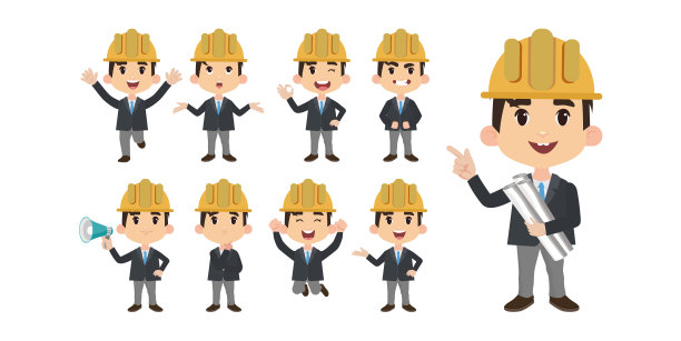 一组不同姿势的平面工程师图片下载