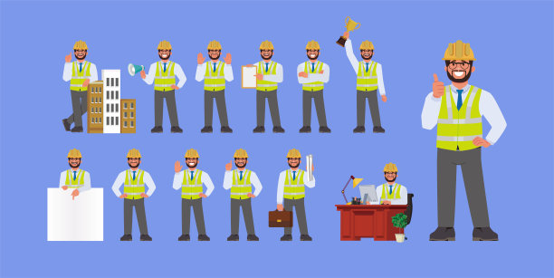 一组不同姿势的平面工程师图片下载