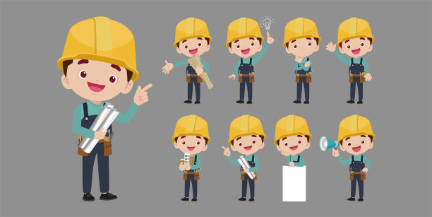 不同姿势的修理工。向量图片下载