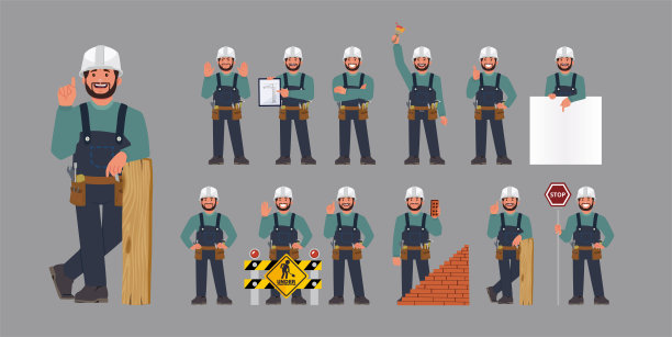 不同姿势的修理工。向量图片下载