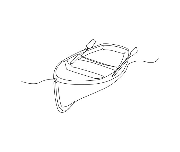 木质渔舟连续线条艺术画。木渔船单线艺术绘画矢量插图。图片下载