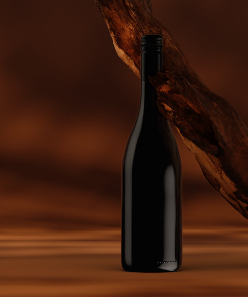 一瓶黑色背景的优质红酒，配上一根树枝，一根钉子。展示，包装，模型，标签。3 d演示,渲染。图片下载