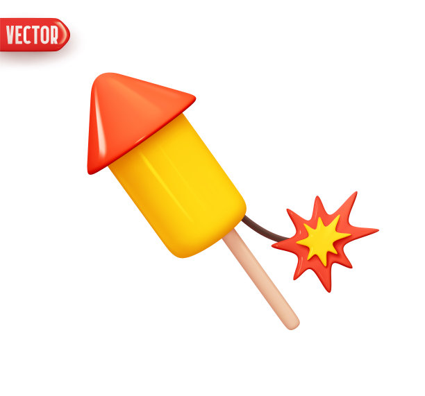 烟花棒上的火花装饰假日。爆竹火箭发射器。逼真的3d设计元素在塑料卡通风格。图标隔离在白色背景上。矢量图图片下载