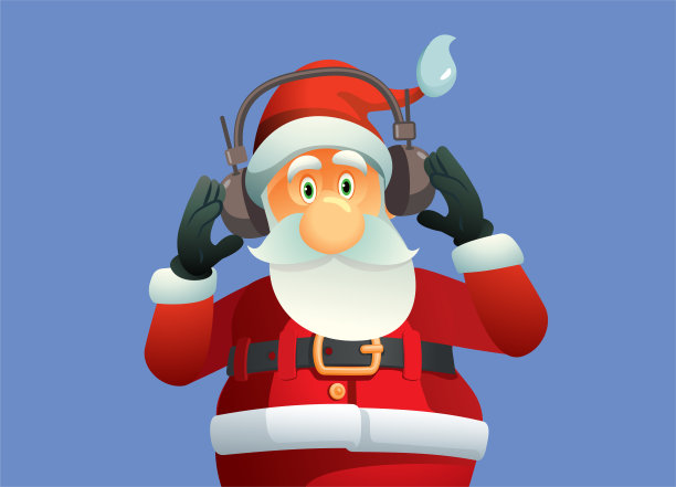 快乐的圣诞老人听圣诞颂歌矢量卡通插画图片下载