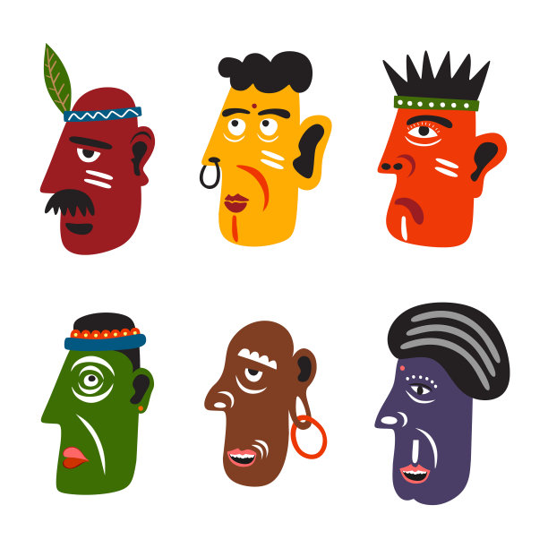六张原始人的脸被隔离在白色背景上。图片下载