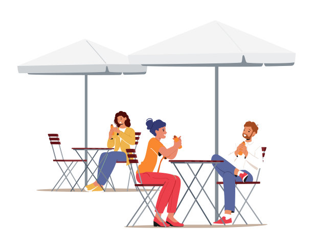 参观户外夏日咖啡馆的年轻人。人们见面，吃街头小吃的概念。坐在餐桌旁的人物图片下载