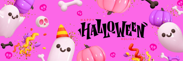 万圣节背景创意设计。抽象横旗概念万圣节。逼真的3d卡通风格。节日主题的网页标题。节日海报在紫丁香颜色矢量插图图片下载