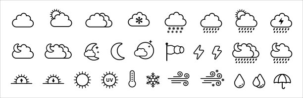 天气图标。天气预报线图标设置。应用程序和网站按钮的简单设计。包含象征日出，日落，太阳，月亮，降雨，暴风雪，雪，伞。矢量图图片下载