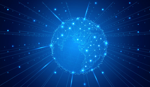 摘要低聚数字手套网络通信概念。网络空间背景中带有未来光束的线框矢量地球。图片下载