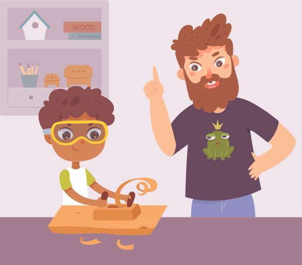 木工大师班带孩子和木匠老师矢量插画。卡通人物教小男孩用木头工作，建造或修理鸟屋背景。教育的概念图片下载