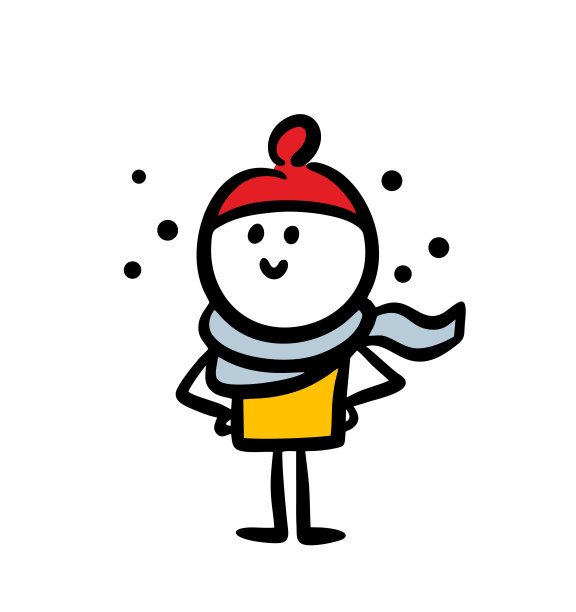 戴着红帽子和冬天围巾的可爱涂鸦贴站在雪下。图片下载