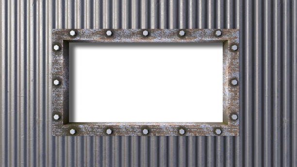 旧金属片墙和屋顶板上锈迹斑斑的钢框架的三维渲染图像图片下载